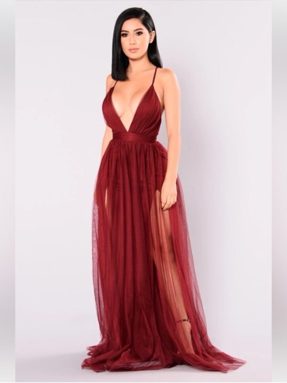 Fashion Nova Deep V-Neck Wine Tulle Evening Dress